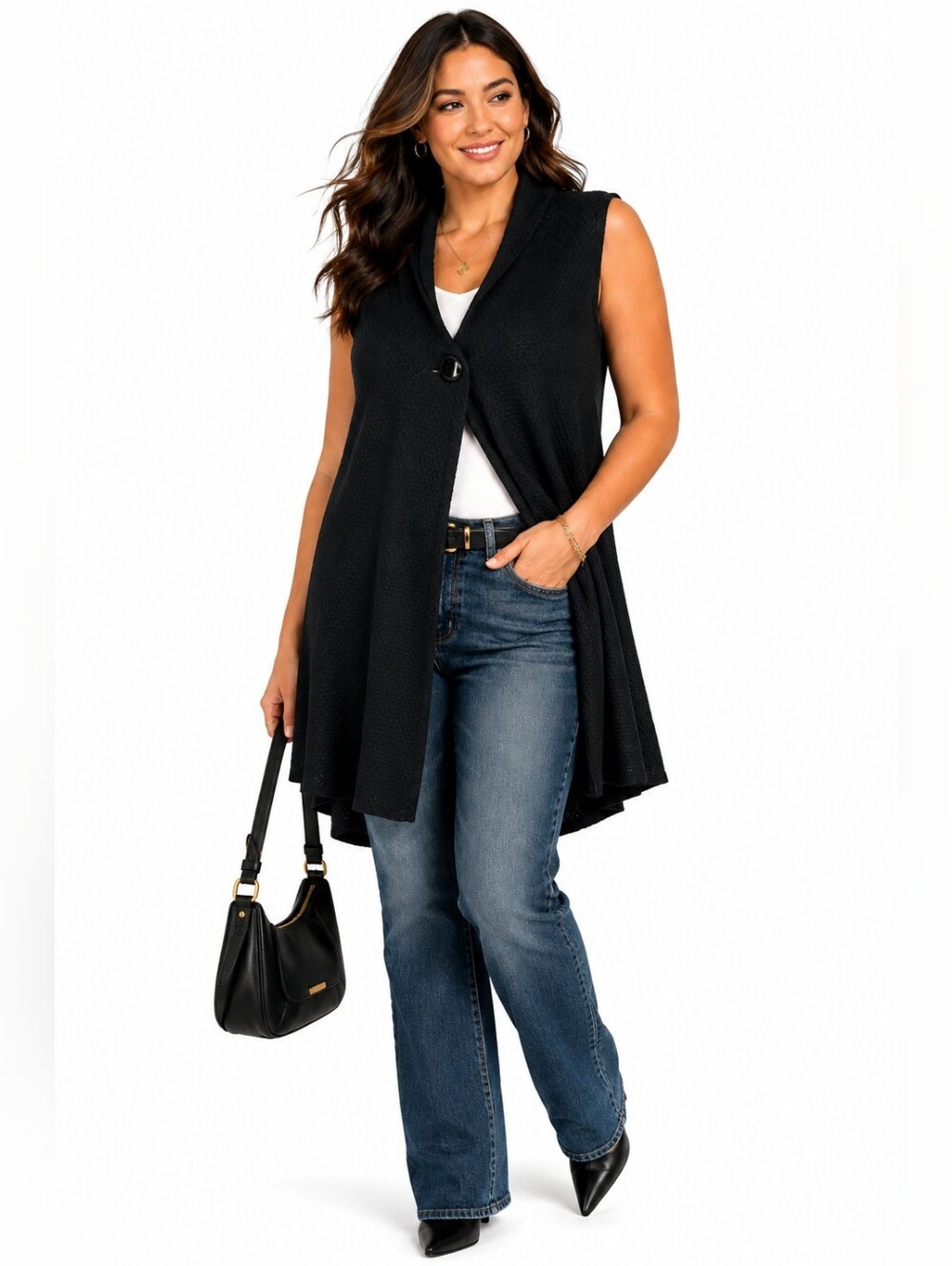 Ming Wang XL Black Textured Knit Long Sleeveless Vest Tunic Cardigan